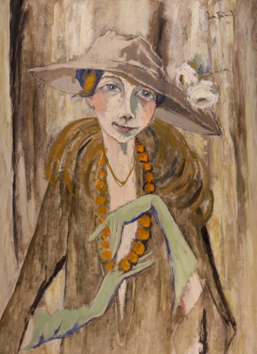 Painting titled "Femme aux gants ver…" by Dominique Bertrand, Original Artwork, Oil