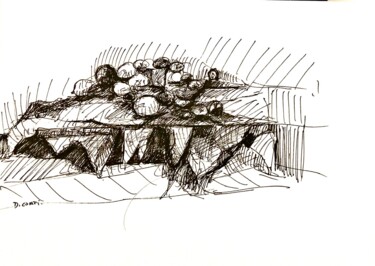 Dessin intitulée "Fruits sur table" par Dominique Corti, Œuvre d'art originale, Encre