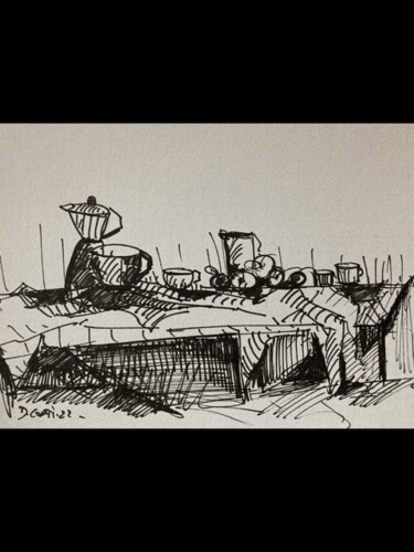 Drawing titled "La table" by Dominique Corti, Original Artwork, Ink