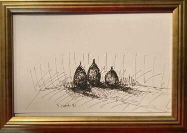 Drawing titled "LES TROIS POIRES" by Dominique Corti, Original Artwork, Ink Mounted on Other rigid panel