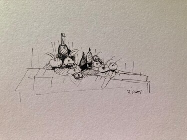 Drawing titled "FRUITS SUR TABLE BL…" by Dominique Corti, Original Artwork, Ink