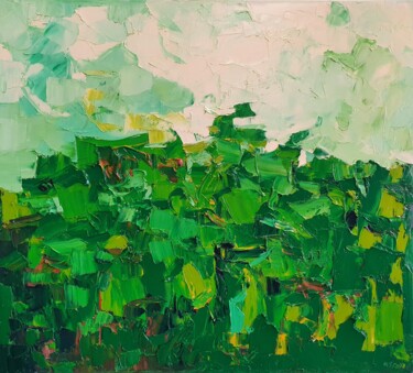 Painting titled "Cromatico verde (ar…" by Domenico Asmone, Original Artwork, Oil Mounted on Wood Stretcher frame