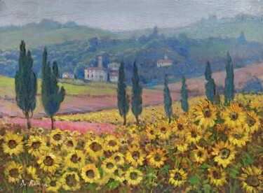 Painting titled "Tuscany sunflowers…" by Domenico Ronca, Original Artwork, Oil Mounted on Wood Stretcher frame