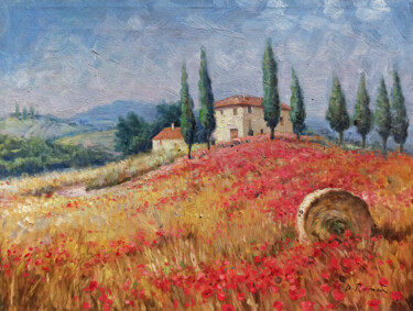 Painting titled "Tuscany cottage on…" by Domenico Ronca, Original Artwork, Oil Mounted on Wood Stretcher frame