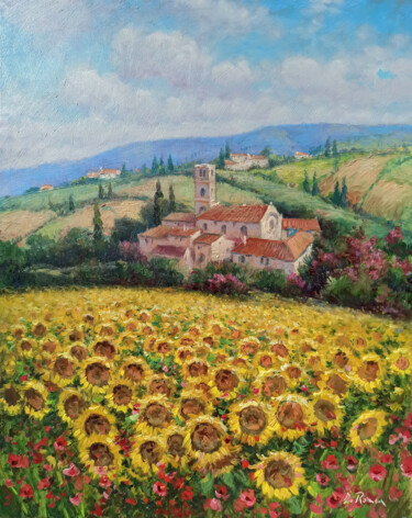 Pittura intitolato "Village with sunflo…" da Domenico Ronca, Opera d'arte originale, Olio Montato su Telaio per barella in l…