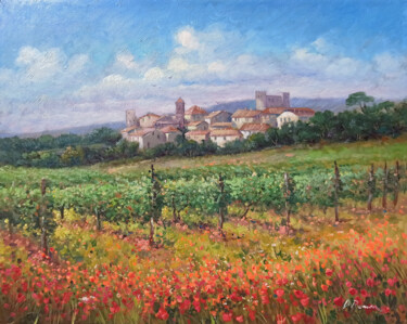Painting titled "Flowery vineyard -…" by Domenico Ronca, Original Artwork, Oil Mounted on Wood Stretcher frame