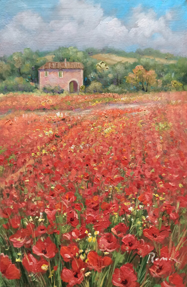 Painting titled "Poppies field - Tus…" by Domenico Ronca, Original Artwork, Oil Mounted on Wood Stretcher frame