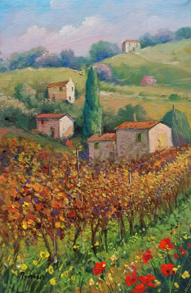Painting titled "Autumn vineyard - T…" by Domenico Ronca, Original Artwork, Oil Mounted on Wood Stretcher frame