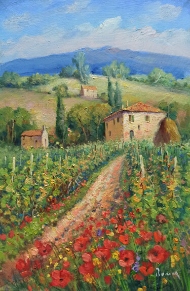 Painting titled "Vineyard country ro…" by Domenico Ronca, Original Artwork, Oil Mounted on Wood Stretcher frame