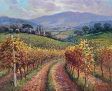 Painting titled "Autumn vineyard - T…" by Domenico Ronca, Original Artwork, Oil Mounted on Wood Panel