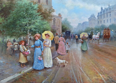 Painting titled "Parisian city life…" by Domenico Ronca, Original Artwork, Oil Mounted on Wood Stretcher frame