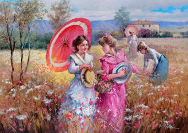 Картина под названием "Girls in the field" - Domenico Ronca, Подлинное произведение искусства, Масло Установлен на Деревянна…
