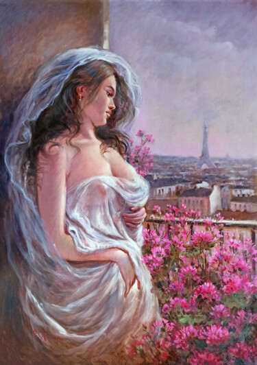 Painting titled "Girl in Paris" by Domenico Ronca, Original Artwork, Oil Mounted on Wood Stretcher frame