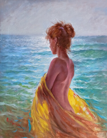 Painting titled "Girl on the sea" by Domenico Ronca, Original Artwork, Oil Mounted on Wood Stretcher frame
