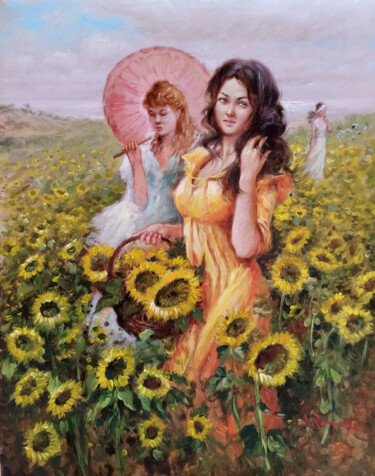 Pittura intitolato "Girls between sunfl…" da Domenico Ronca, Opera d'arte originale, Olio Montato su Telaio per barella in l…