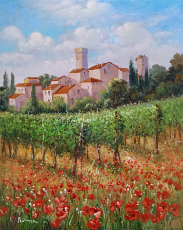 Painting titled "Vineyard with red p…" by Domenico Ronca, Original Artwork, Oil Mounted on Wood Panel