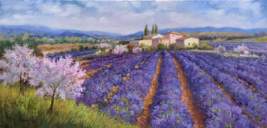 Painting titled "Lavender field - Tu…" by Domenico Ronca, Original Artwork, Oil Mounted on Wood Stretcher frame