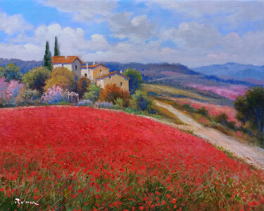 Painting titled "Hill with poppies -…" by Domenico Ronca, Original Artwork, Oil Mounted on Wood Stretcher frame
