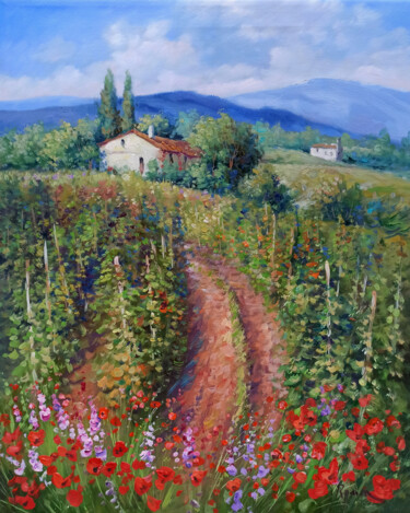 Painting titled "Toscana vineyard la…" by Domenico Ronca, Original Artwork, Oil Mounted on Wood Stretcher frame