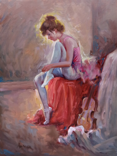 Painting titled "Ballet dancer with…" by Domenico Ronca, Original Artwork, Oil Mounted on Wood Stretcher frame