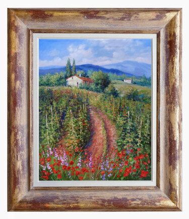 Schilderij getiteld "Toscana vineyard la…" door Domenico Ronca, Origineel Kunstwerk, Olie Gemonteerd op Frame voor houten br…