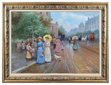 Painting titled "PARISIAN CITY LIFE…" by Domenico Ronca, Original Artwork, Oil Mounted on Wood Stretcher frame