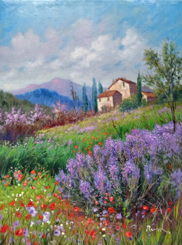 Pittura intitolato "Spring countryside…" da Domenico Ronca, Opera d'arte originale, Olio Montato su Telaio per barella in le…