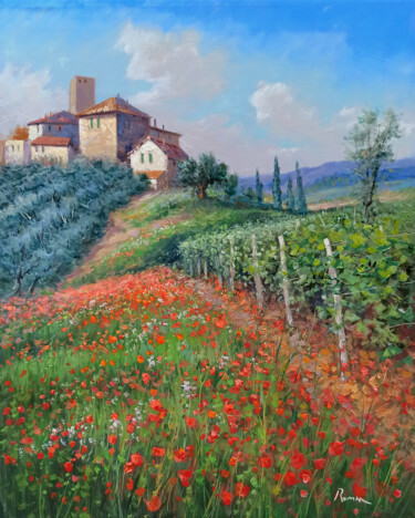 Painting titled "Vineyard & Poppies…" by Domenico Ronca, Original Artwork, Oil Mounted on Wood Stretcher frame