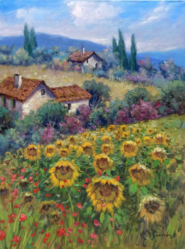 Peinture intitulée "Landscape with sunf…" par Domenico Ronca, Œuvre d'art originale, Huile Monté sur Châssis en bois