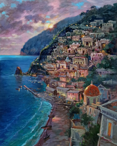 Schilderij getiteld "Sunset on the coast…" door Domenico Ronca, Origineel Kunstwerk, Olie Gemonteerd op Frame voor houten br…