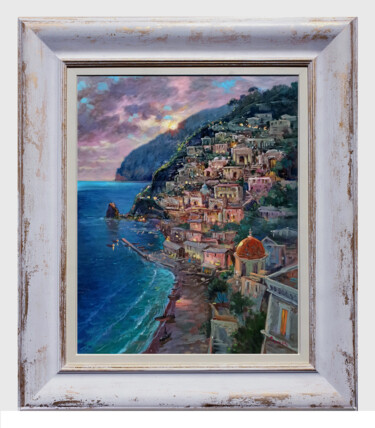 Painting titled "Sunset on the coast…" by Domenico Ronca, Original Artwork, Oil Mounted on Wood Stretcher frame