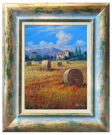 Painting titled "Summer countryside…" by Domenico Ronca, Original Artwork, Oil Mounted on Wood Stretcher frame