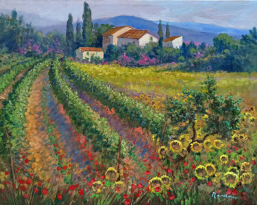 Painting titled "Vineyard with sunfl…" by Domenico Ronca, Original Artwork, Oil Mounted on Wood Stretcher frame