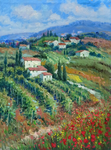 Pintura titulada "Vineyard valley - T…" por Domenico Ronca, Obra de arte original, Oleo Montado en Bastidor de camilla de ma…
