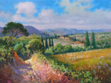 Painting titled "Country road - Tusc…" by Domenico Ronca, Original Artwork, Oil Mounted on Wood Stretcher frame