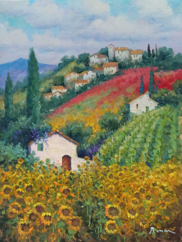 「Blooming hills - Tu…」というタイトルの絵画 Domenico Roncaによって, オリジナルのアートワーク, オイル ウッドストレッチャーフレームにマウント