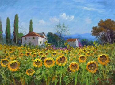 Painting titled "Houses among sunflo…" by Domenico Ronca, Original Artwork, Oil Mounted on Wood Stretcher frame