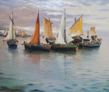 Pintura intitulada "Barche dopo la pesca" por Domenico Tosetto, Obras de arte originais, Óleo Montado em Armação em madeira