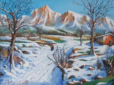 Painting titled "NEVICATA" by Domenico Tosetto, Original Artwork, Oil Mounted on Wood Stretcher frame