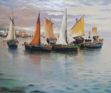 Malerei mit dem Titel "Barche dopo la pesca" von Domenico Tosetto, Original-Kunstwerk, Öl
