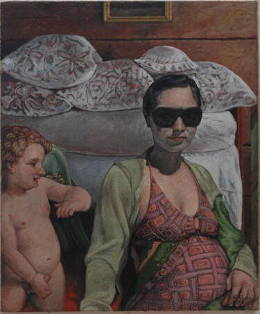 Painting titled "donna incinta" by Domenico Ventura, Original Artwork, Oil Mounted on Wood Stretcher frame