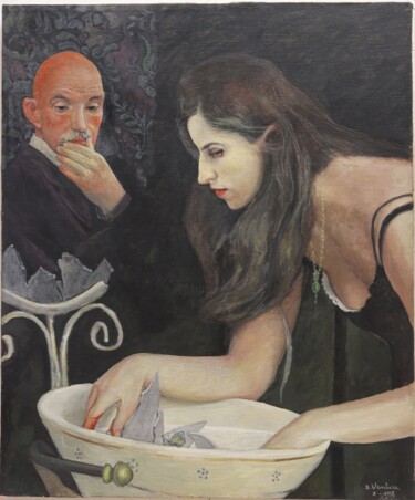 Pittura intitolato "donna con bacinella" da Domenico Ventura, Opera d'arte originale, Olio Montato su Pannello di legno