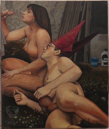 Painting titled "orgia con vescovo" by Domenico Ventura, Original Artwork, Oil Mounted on Wood Stretcher frame