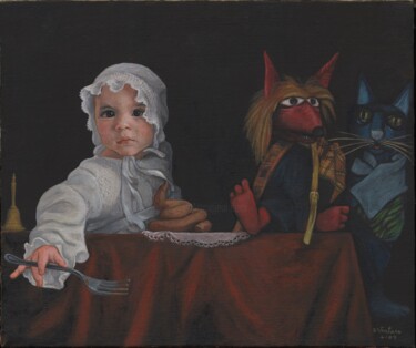 Painting titled "il gatto e la volpe" by Domenico Ventura, Original Artwork, Oil Mounted on Wood Stretcher frame