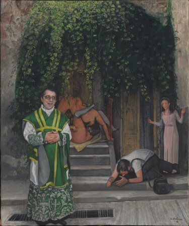 Painting titled "orgia con presbitero" by Domenico Ventura, Original Artwork, Oil Mounted on Wood Stretcher frame