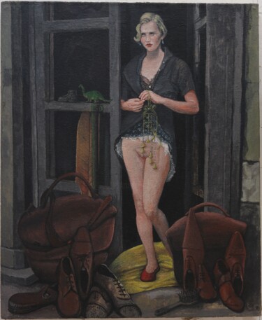 Schilderij getiteld "la donna e le scarpe" door Domenico Ventura, Origineel Kunstwerk, Olie