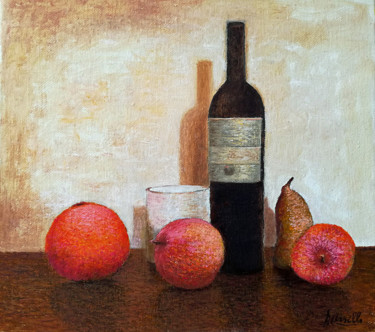 Painting titled "FRUTTA CON BOTTIGLI…" by Domenico Ursillo, Original Artwork, Oil