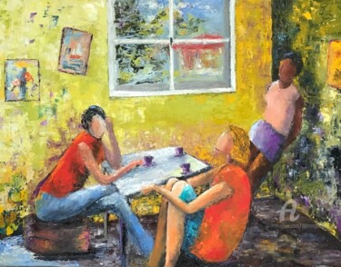 Pause café 2 Peinture intitulée "Pause café 2" par Dominique Gobelin Mansour, Œuvre d'art originale, Huile
