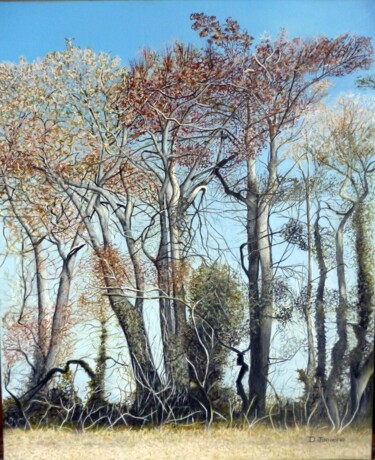 Painting titled "Lisière d'arbres" by Dominique Janière, Original Artwork, Oil Mounted on Wood Stretcher frame