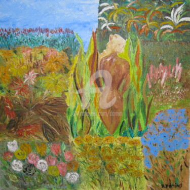 Painting titled "femme-aux-fleurs-ti…" by Bertrand Domin, Original Artwork, Oil